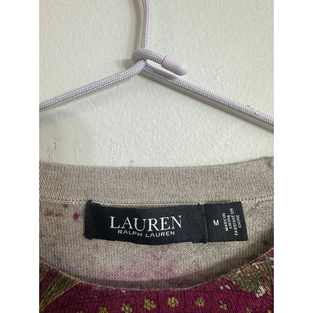 Lauren Ralph Lauren Paisley Crewneck Sweater Fall Olive Burgundy Knit M Academia - Picture 4 of 5